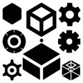 Black Silhouette Geometric Icons â Cubes, Hexagon, Gears, Settings, and Abstract Tech Symbols Royalty Free Stock Photo