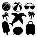 Summer Travel Silhouette Icons â Beach Ball, Dolphin, Sunglasses, Popsicle, Suitcase, Coconut, Palm Tree Royalty Free Stock Photo
