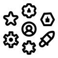 Black Icons Set: Star, Gear, Lock, User Profile, and Rocket - Vector Design for Technology & Business Royalty Free Stock Photo