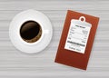 Folder with paper check. Coffee cup. Restaurant bill paying. Cashier check, invoice, order. Vector stock illustration