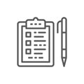 Folder tablet with pen, checklist line icon.