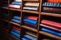 Folders with archival documents are located on wooden shelves. Retro style. Selective focus Royalty Free Stock Photo