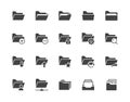 Folders flat glyph icons set. File catalog, document search, folder synchronization, local network vector illustrations