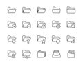 Folders flat line icons set. File catalog, document search, folder synchronization, local network vector illustrations