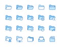 Folders flat line icons set. File catalog, document search, folder synchronization, local network vector illustrations