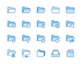 Folders flat line icons set. File catalog, document search, folder synchronization, local network vector illustrations