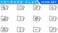 Folders flat line icons set. File catalog, document search, folder synchronization, local network vector illustrations. Outline