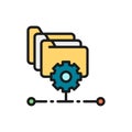 Folders with gear, project management, file setting flat color line icon.