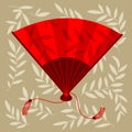 Folding Asian Red Hand Fan, Open View