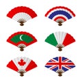 Folding fan or hand fan National flag concept design set Indonesia, Thailand, Maldives, Italy, Canada and United Kingdom isolated