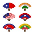Folding fan or hand fan National flag concept design set Taiwan, India, Malaysia, Laos, North Korea and Myanmar isolated on white