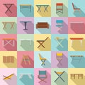 Folding furniture icons set, flat style