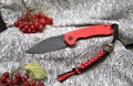 Folding knife beautiful design cutting black blade red handle viburnum natural product and lanyard paracord with scull bead