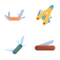 Folding knife icons set cartoon vector. Pocket multipurpose folding knife