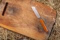 Folding knife with tanto blade. Portuguese knife with wooden handle. Knife on cutting board Royalty Free Stock Photo