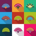 Folding paper chinese hand fan set flat icons vector illustration Royalty Free Stock Photo