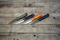 Folding penknives in different colors. Pocket knives for everyday carry. Various knives for hunting, sports and recreation. Wooden