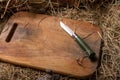 A folding pocket knife lying on a cutting board. A cutting board lying on the hay Royalty Free Stock Photo