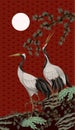 Folding screen in chinoiserie style with white cranes. Vector. Royalty Free Stock Photo
