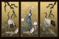 Folding screen in chinoiserie style with white cranes. Vector. Royalty Free Stock Photo