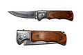 Folding switchblade knife with a button.Switchblade knife on a white background.Folding knife with wooden handle. Royalty Free Stock Photo