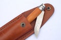 A folding whittling knife and a leather pouch on a white background.