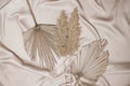 On the folds of the beige fabric are branches of reeds and dry palm leaves. Natural and fashionable colors