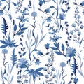 377_Beautiful monotone hand drawn botanical florals on blue shade seamless pattern in vector