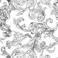 Foliage and flora, vintage flowering monochrome seamless pattern