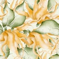 Foliage hides pastel flowers ylang ylang watercolor seamless pattern