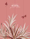 Foliage palm leaf, beige plant leaves, small dragofly on dusty pink background. Modern spring summer realistic floral banner in