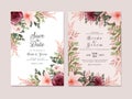 Foliage wedding invitation template set with burgundy and brown watercolor floral border decoration. Botanic card design concept