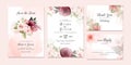 Foliage wedding invitation template set with burgundy and brown watercolor floral bouquet and border decoration. Botanic card