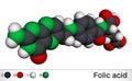 Folic acid, folate molecule. It is known as vitamin B9. Molecular model