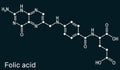 Folic acid, folate molecule. It is known as vitamin B9. Skeletal chemical formula on the dark blue background