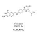 Folic acid, vitamin B9, chemical formula and skeletal structure