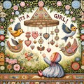 Folk Art Baby Girl Birth Announcement Royalty Free Stock Photo