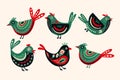 Folk Art Bird Vector Set. Scandinavian Norge Sticker Cartoon Doodle Folk Collection.