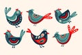 Folk Art Bird Vector Set. Scandinavian Norge Sticker Cartoon Doodle Folk Collection.