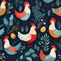 Folk art chicken rooster pattern. Seamless tile wallpaper illustration