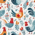 Folk art chicken rooster pattern. Seamless tile wallpaper illustration