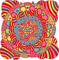 Folk art flower mandala. Psychedelic art. Colorful yoga flyer and poster design. Bright stripes. Surreal art. Trippy artwork.