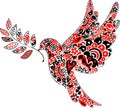 Olive branch dove of peace sign in red and black colors and transparent ethnical pattern