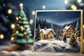 Folk Art-Inspired New Year and Christmas Wishes with Nighttime Village and Tilt-Shift Square Bokeh Forest Background.