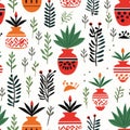 Folk Art-inspired Urns And Succulents Seamless Pattern