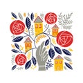 Folk art ornament with hand, houses, and rose flowers