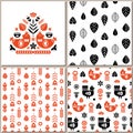 Folk art pattern collection with seamless and single pattern. Monochrome retro floral pattern.