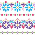 Mexican folk seamless vector background - colorful long designs with flowers