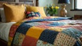 folk art quilting, colorful homemade quilt, adorned with vibrant patchwork, perfect for adding coziness to your summer