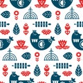 Folk art seamless pattern with bird and floral elements. Royalty Free Stock Photo